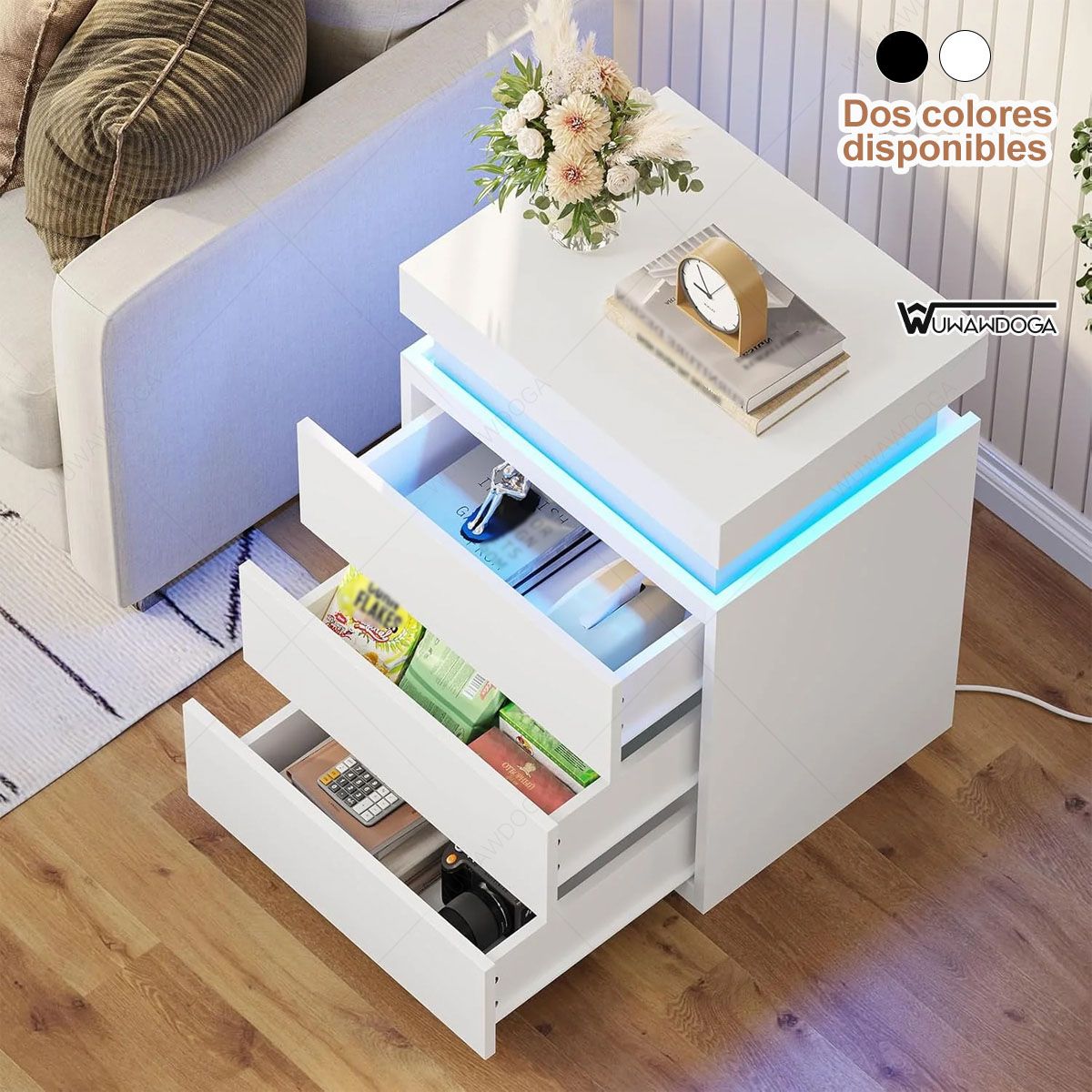 UENMI - Mesita De Noche Inteligente Con 3 Cajones E Iluminación