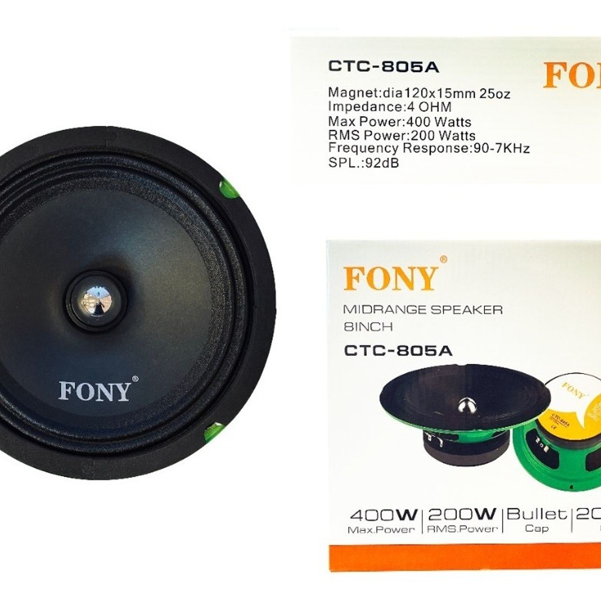 GENERICO - Parlantes Medios Para Auto 400w 20cm Redondo  213141 Color Negroverde-213141 C46