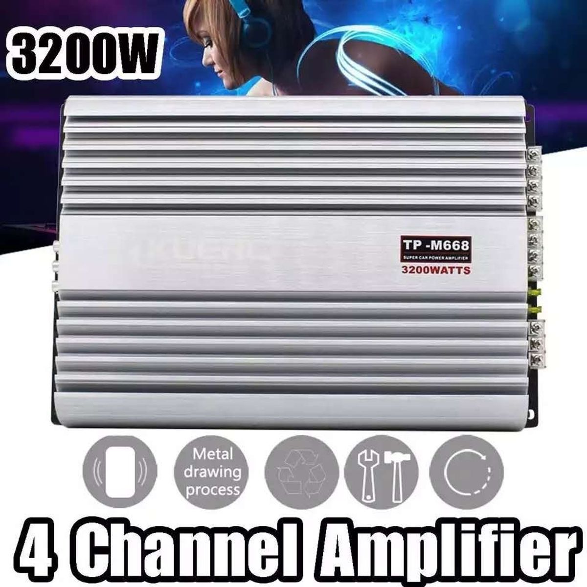 GENERICO - Amplificador Auto Estéreo Audio 4 Canales 3200w 12v  213064 Color plata-213064 C410