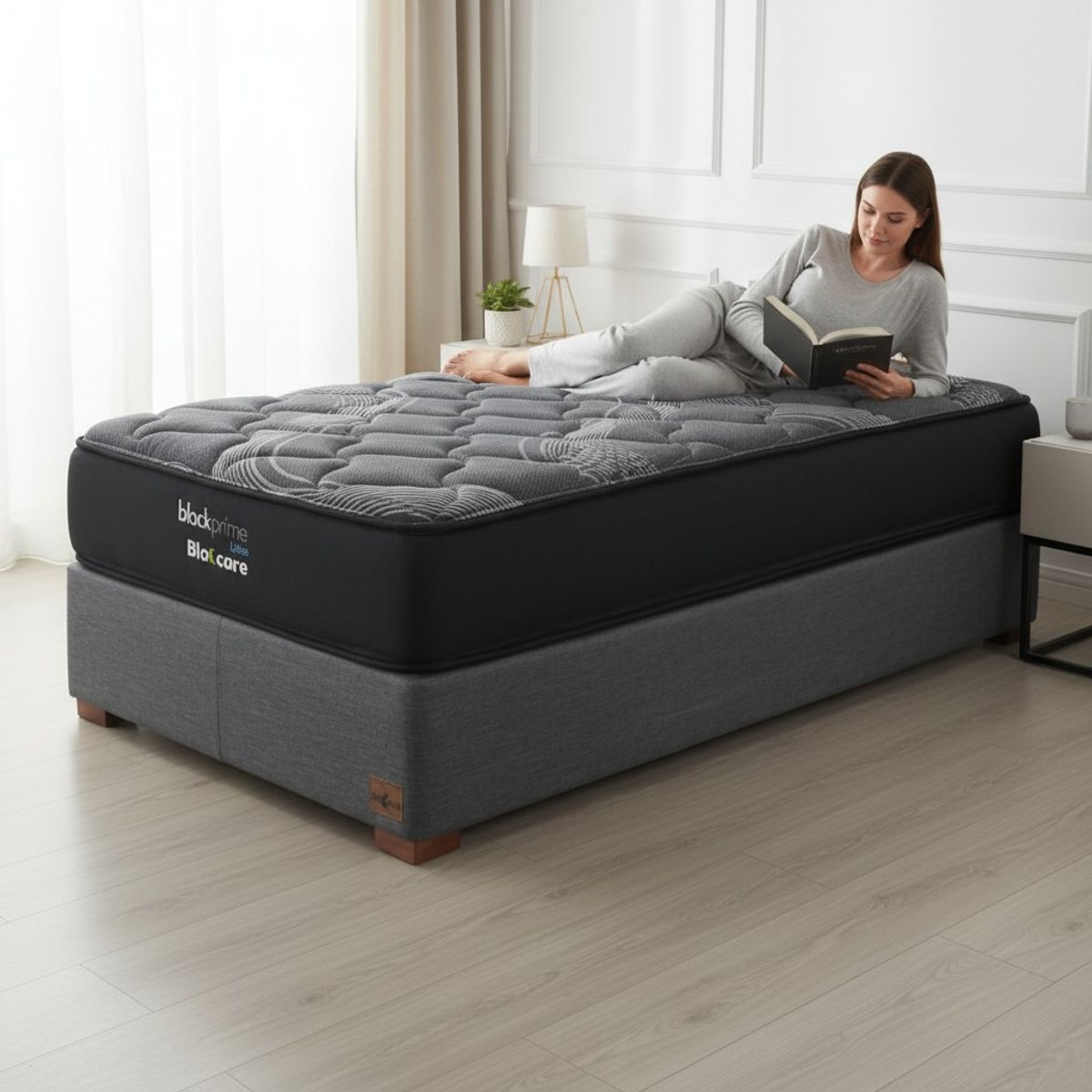 BLOCCARE - Cama 1.5 Plaza Box 30cm - L190cm + Colchon Black Prime - Modelo Uno /Con Pata 4.5cm (Gris)