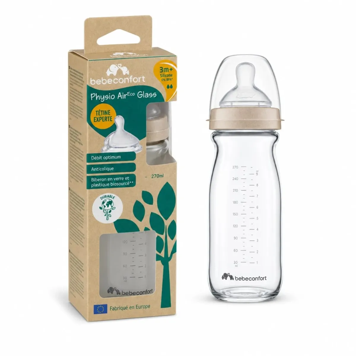 BEBE CONFORT - Mamadera Anticolicos Bebe Confort Physio Aircare Vidrio 270ml 3m+