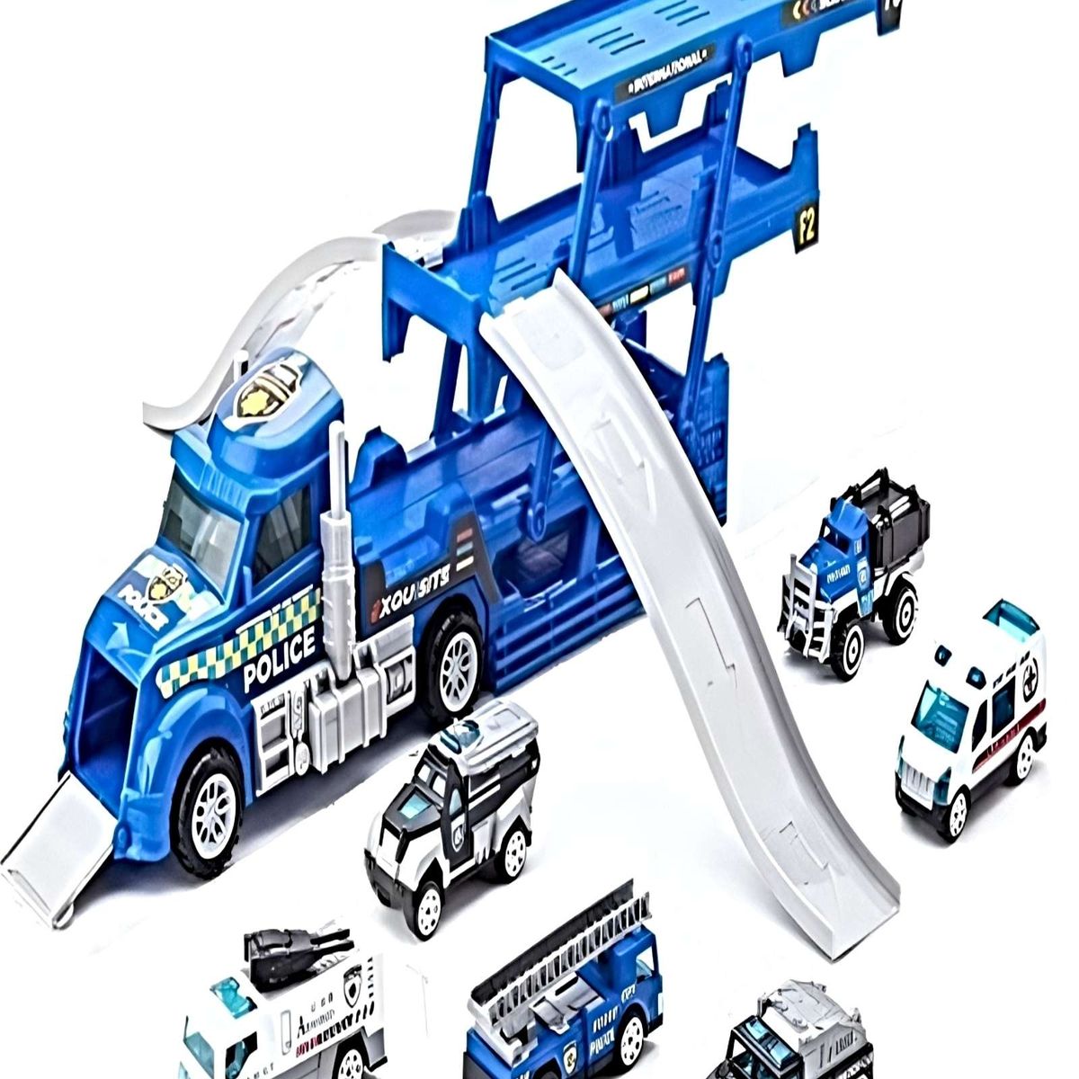 GENERICO - MEGA CAMION DE POLICIA CON RAMPA Y CARRITOS
