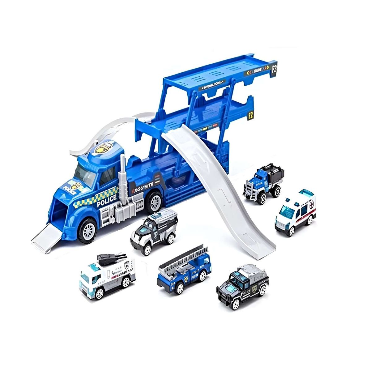 GENERICO - MEGA CAMION DE POLICIA CON RAMPA Y CARRITOS