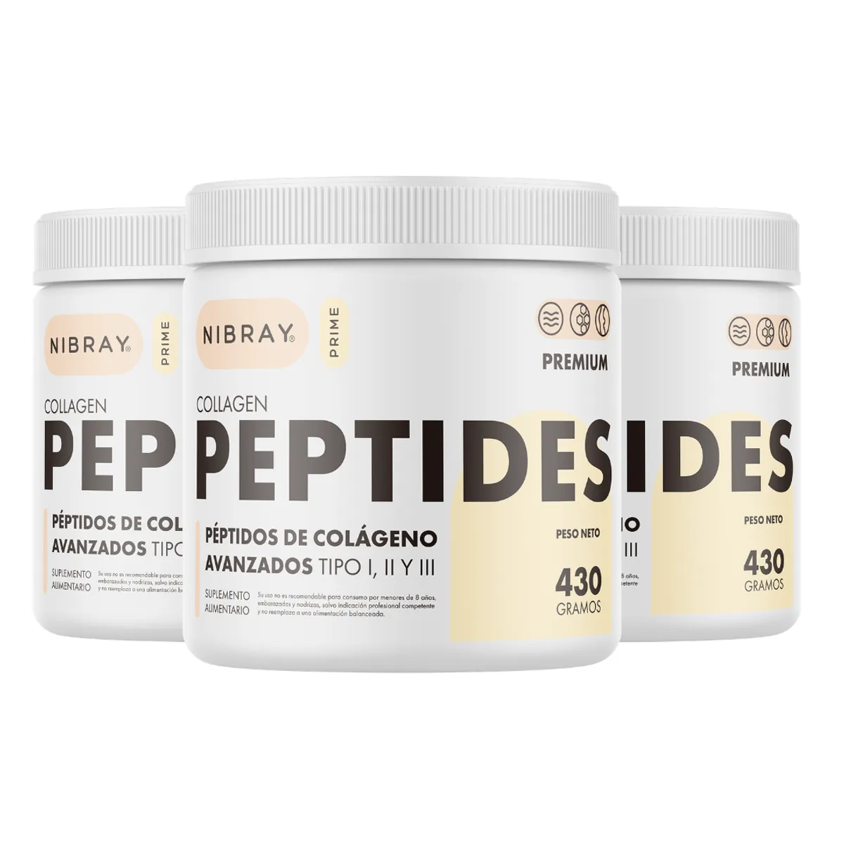 GENERICO - Colágeno Péptidos Sin Sabor 3 Potes Nibray Prime 43 Servings