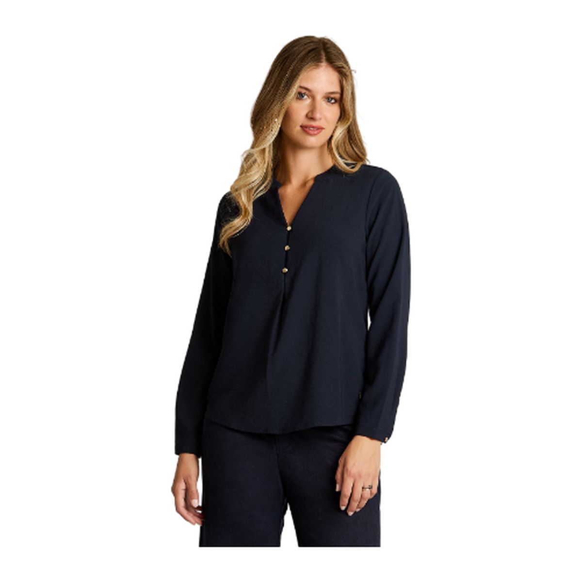 LORENZO DI PONTTI - Blusa Azul Lisa Cuello Mao con Botones