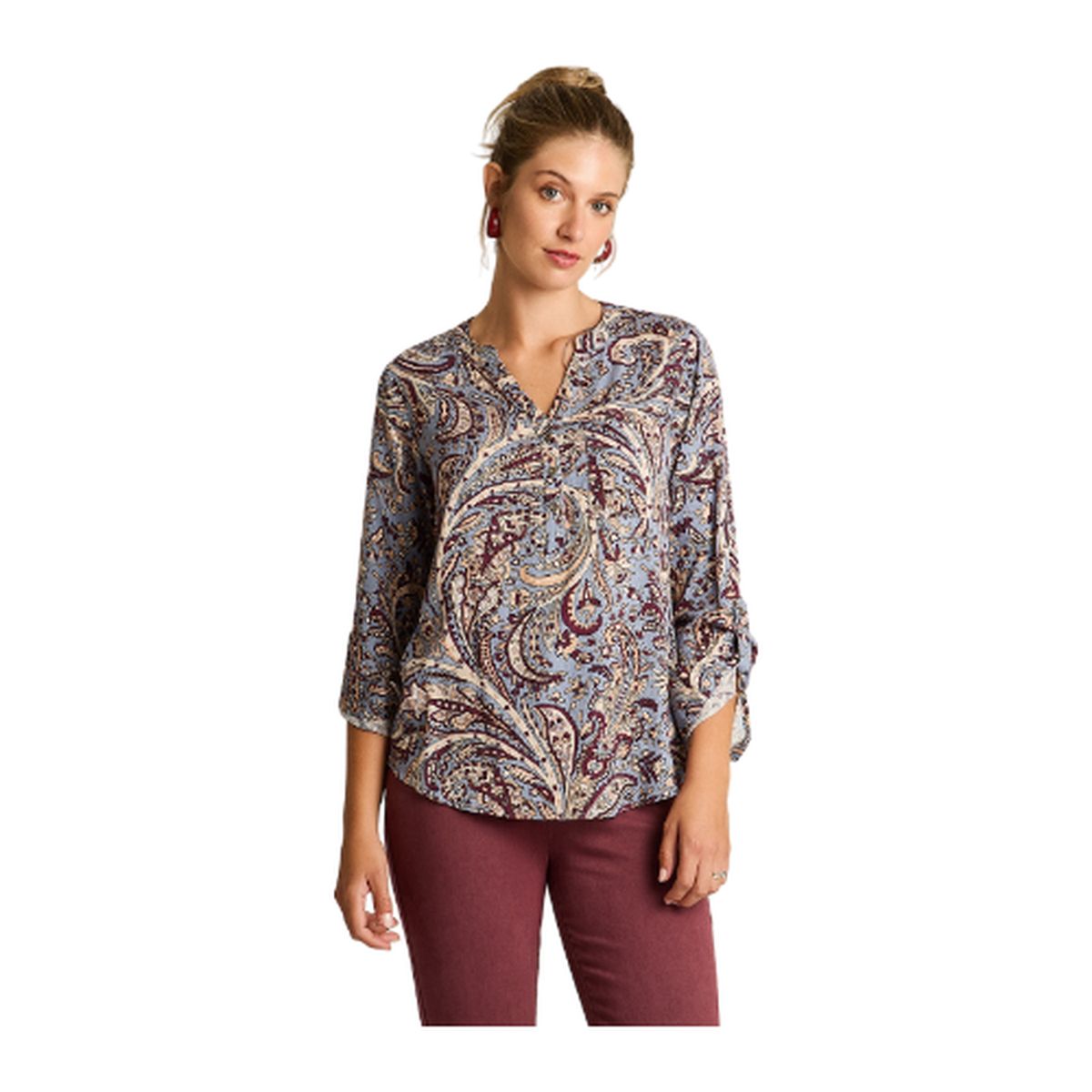 LORENZO DI PONTTI - Blusa Azul con Estampado Floral y Manga Roll Up