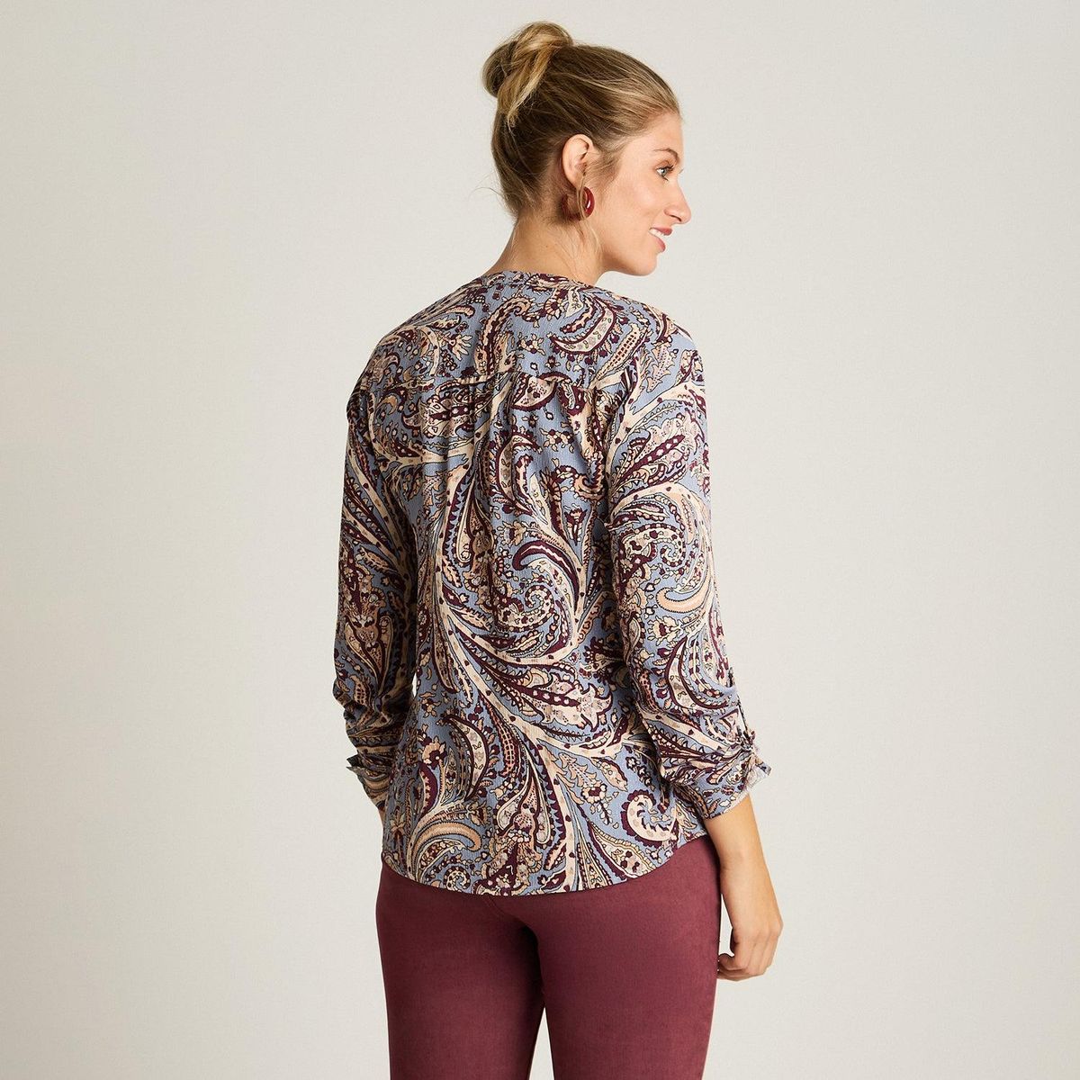 LORENZO DI PONTTI - Blusa Azul con Estampado Floral y Manga Roll Up