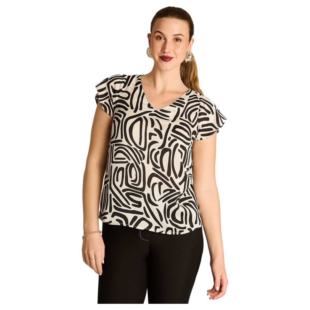 LORENZO DI PONTTI - Blusa Arena Estampada con Escote en V y Manga Corta