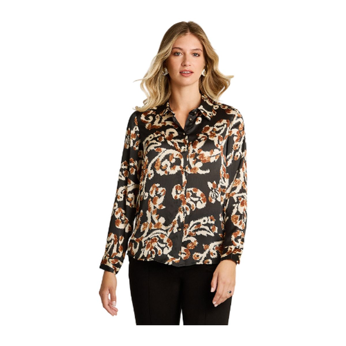 LORENZO DI PONTTI - Blusa Camisera Negra con Estampado Floral y Manga Larga