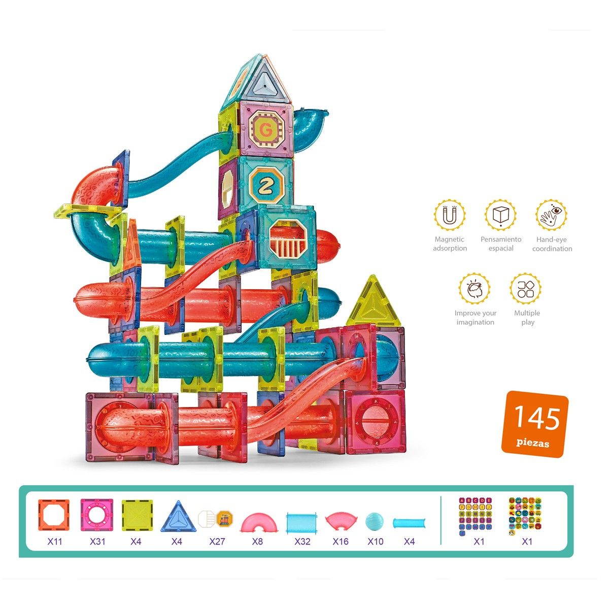 MAGNETICS - Bloques Magnéticos para Construir 145 Piezas Magnetics