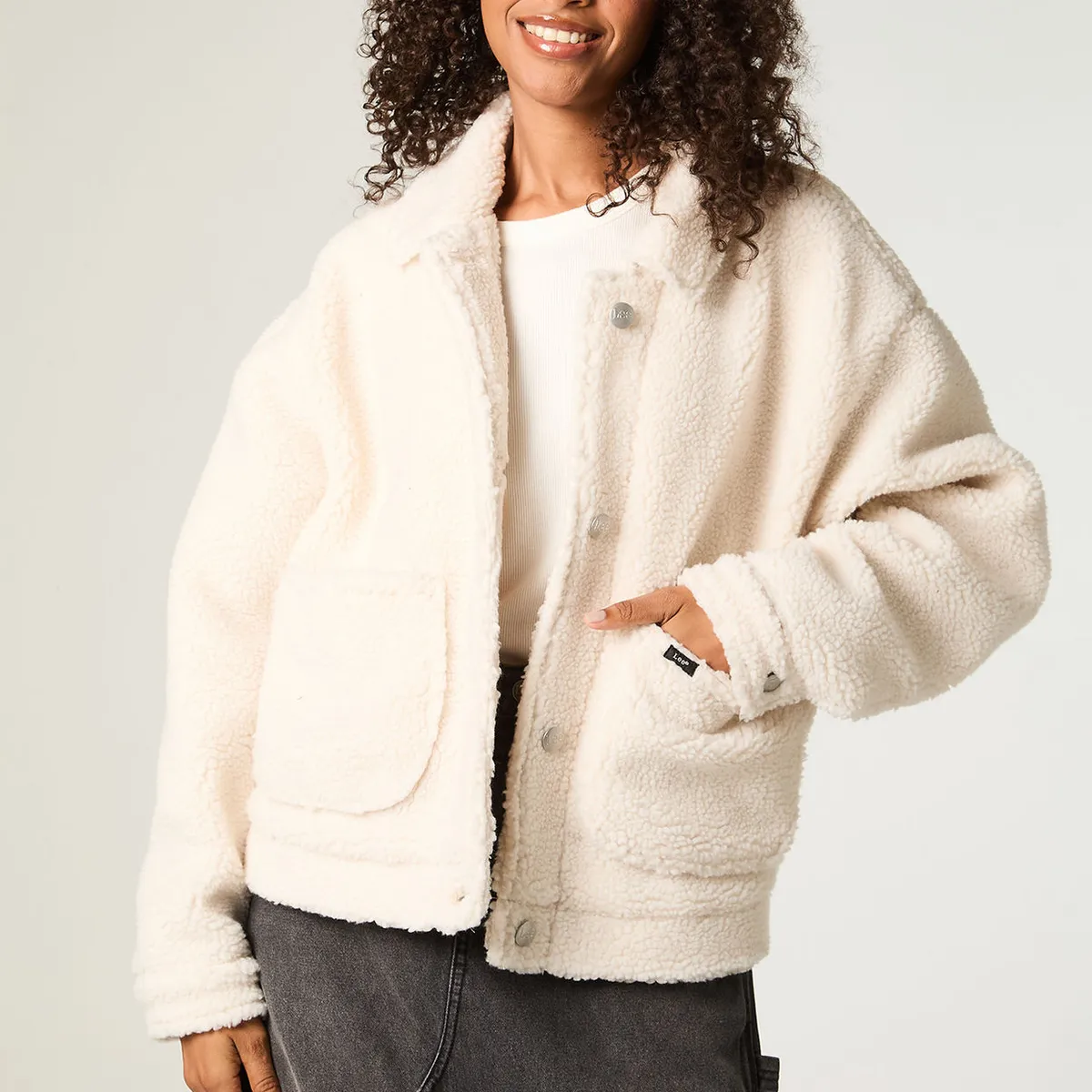 LEE - Chaqueta Mujer Crop Ecru Sherpa