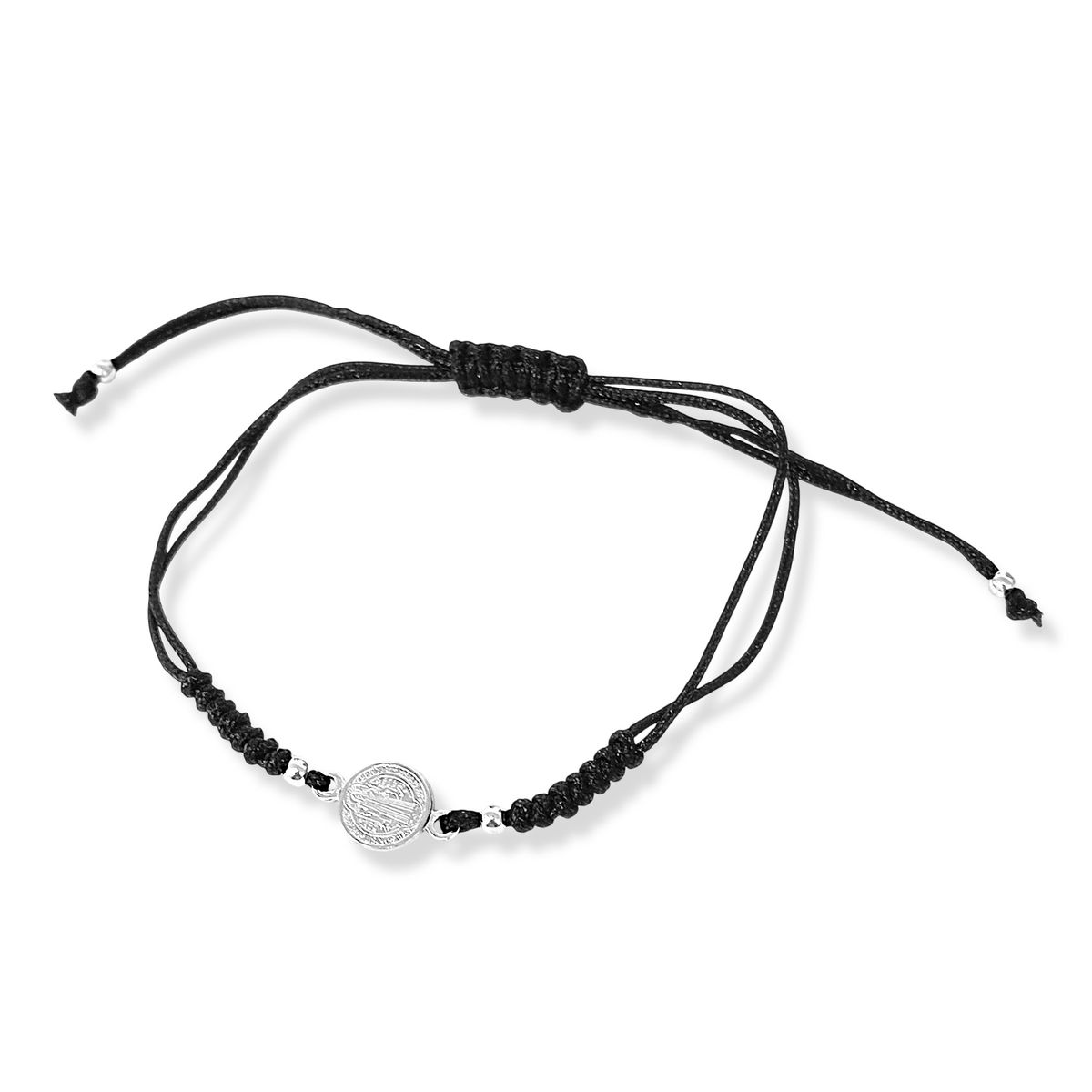 COGGIOLA - Pulsera Medalla San Benito Plata Fina 925 Cordón Negro Tejido