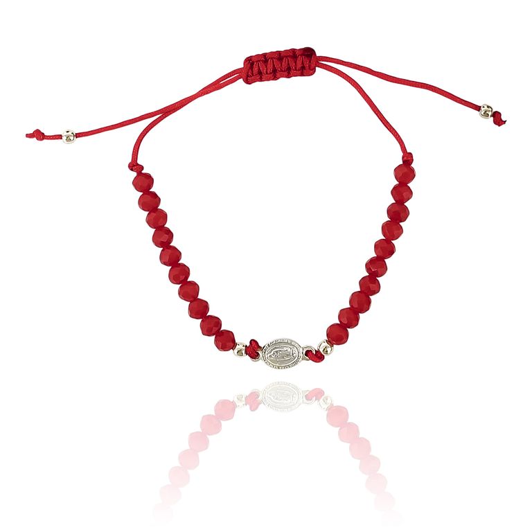 Pulsera Medalla Virgen De Guadalupe Plata Fina 925 Cristal Cordon Rojo Rojo TALLA UNICA