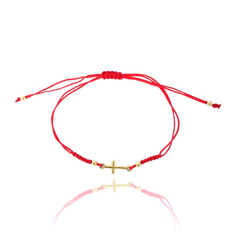Pulsera Cruz Mini Enchapado Oro 18K Cordon Rojo Adaptable Rojo TALLA UNICA