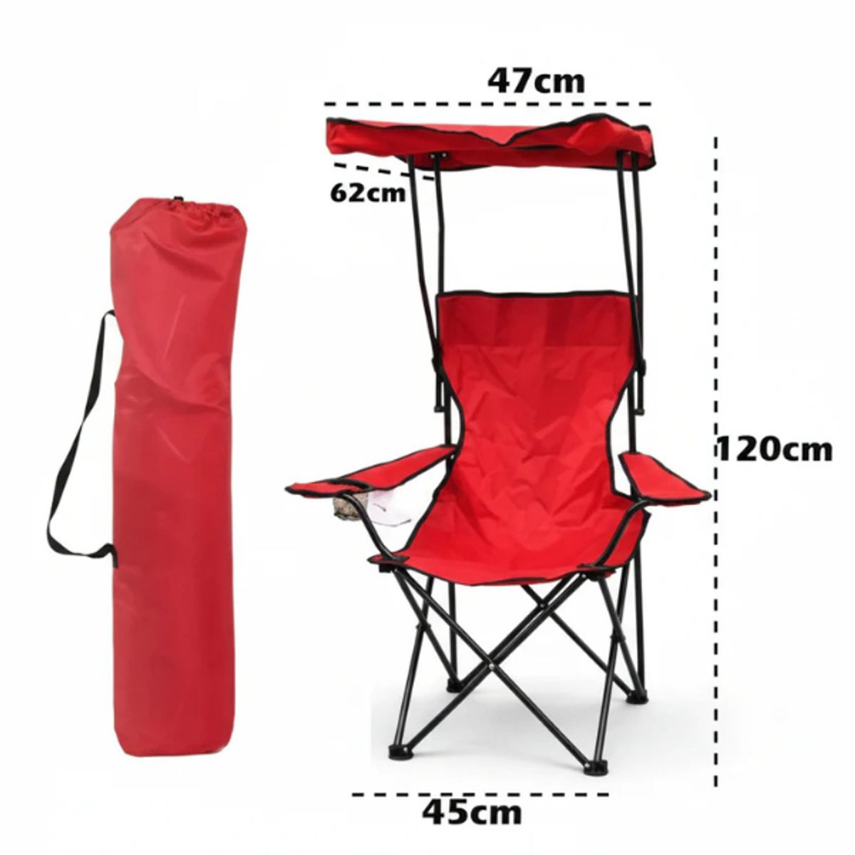 GENERICO - Silla Roja Plegable Con Toldo Y Porta Vaso Playa