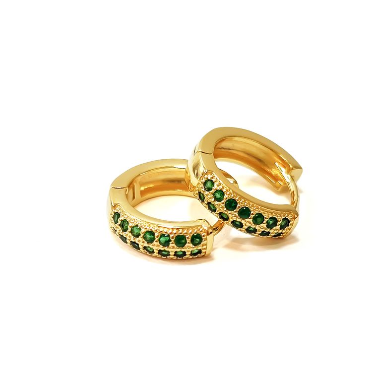 Aros Argolla 2 Lineas Circon Verde 14mm Enchapado Oro 18K Dorado TALLA UNICA