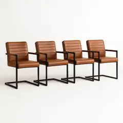 KLIK - Pack de 4 Sillas Industriales de Cuero Sintético Marrón con Base Metálica – Café