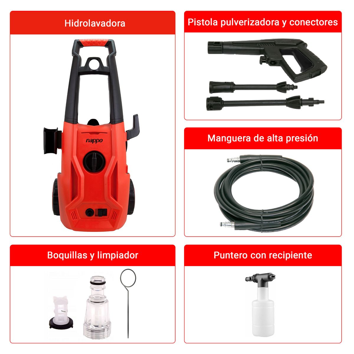 NAPPO - Hidrolavadora NAPPO 1800W Jabonera 5mts Manguera