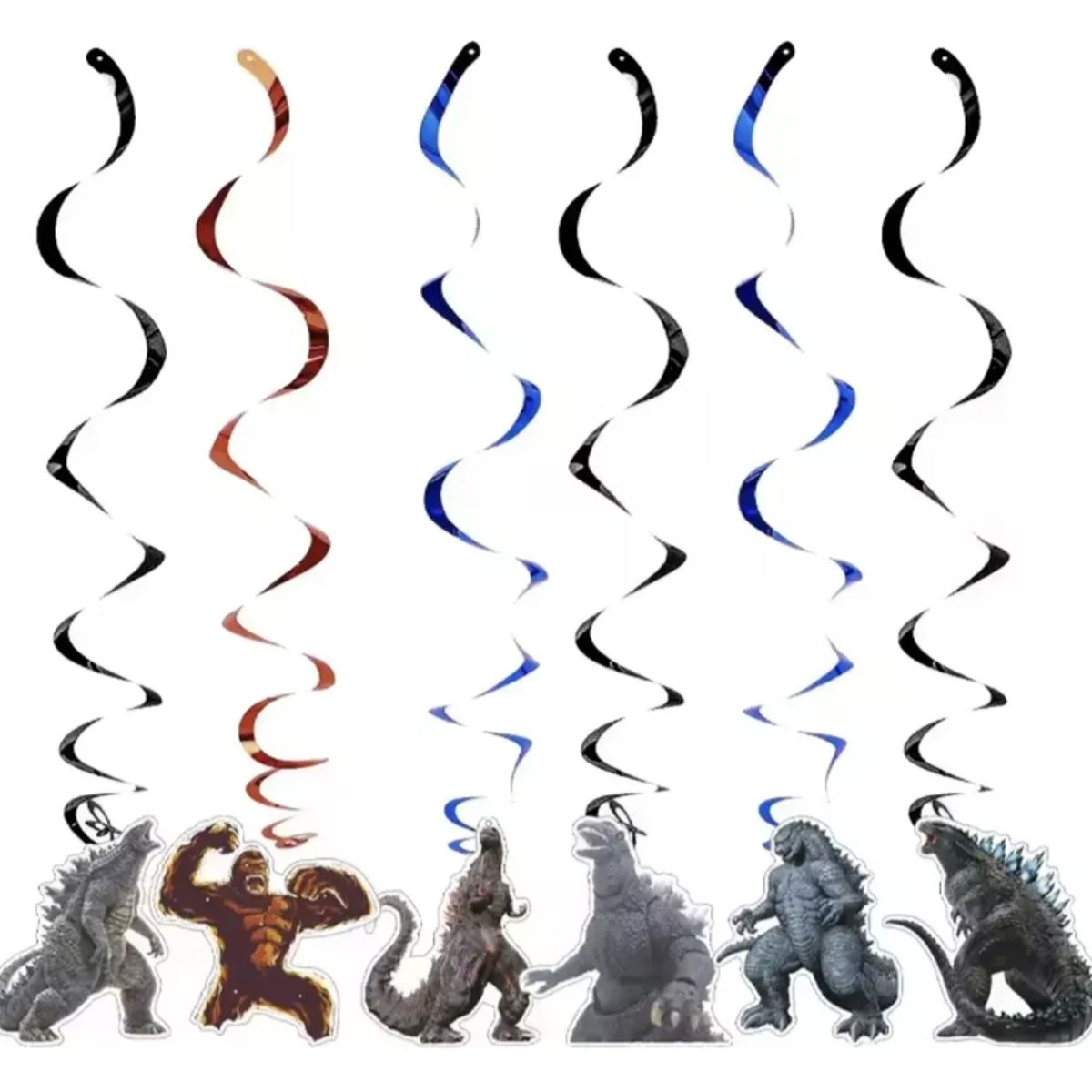 GENERICO - Pack 6 Colgantes Espiral Godzilla Y King Kong Cumpleaños Multicolor Adornos