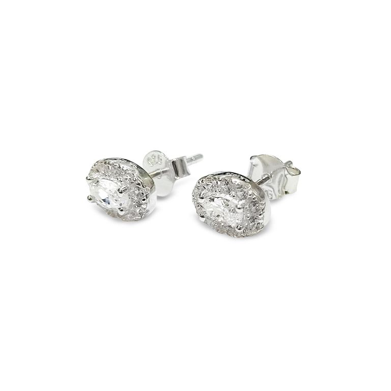 Aros Roseta Oval Circon Blanco Plata Fina 925 Plateado TALLA UNICA