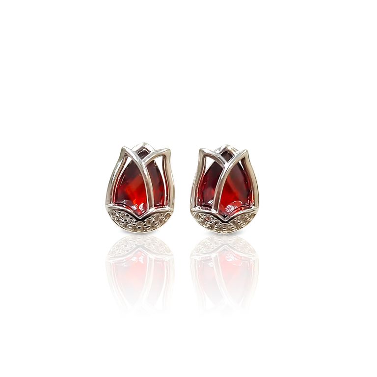 Aros Tulipan Circon Rojo Facetado Plata Fina 925 Plateado TALLA UNICA