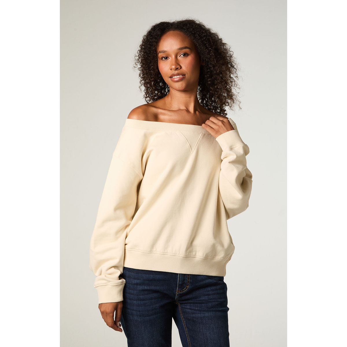 LEE - Poleron Mujer Crop Ecru Shoulders