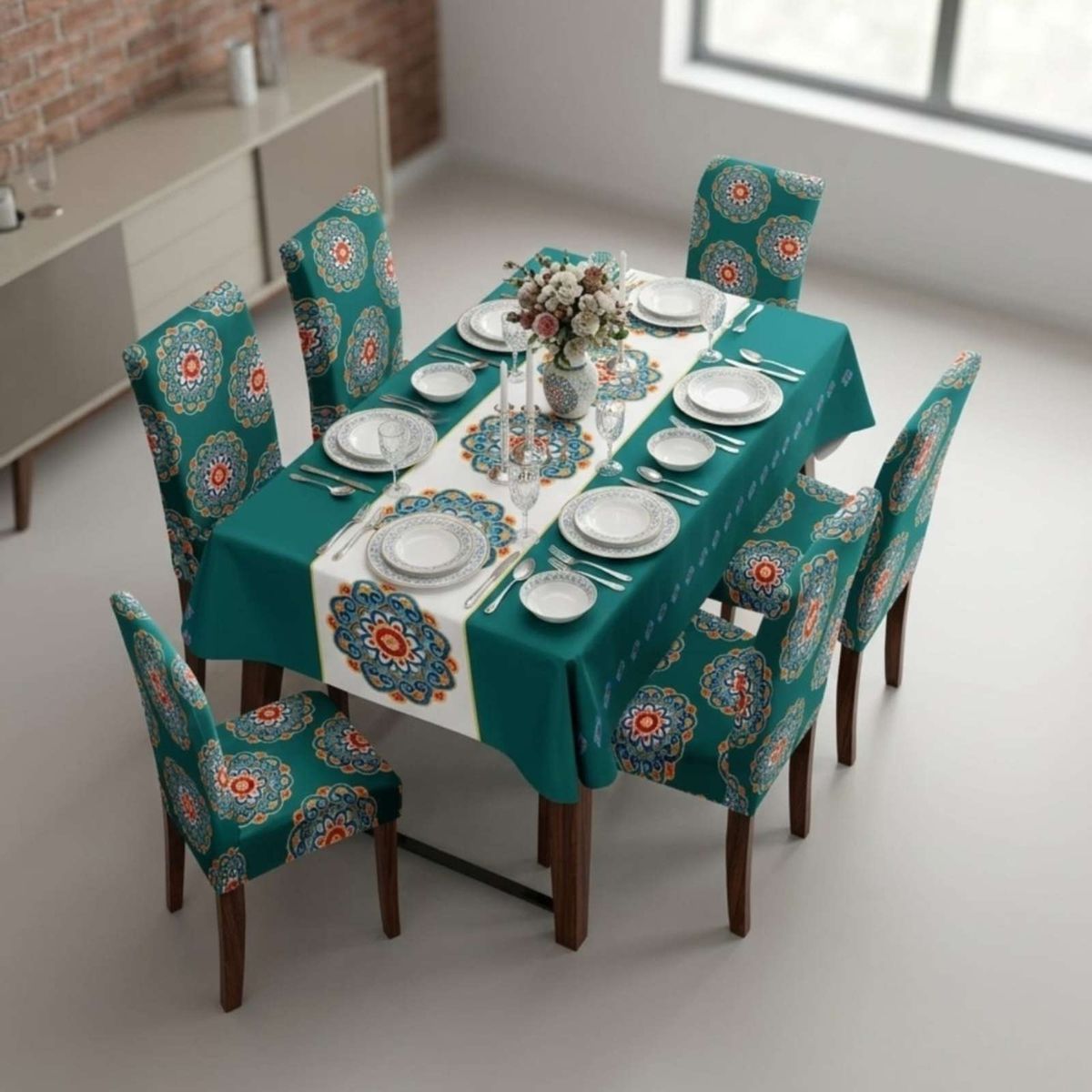 GENERICO - Set Comedor 6 Personas Mantel Antimanchas Y Fundas De Silla