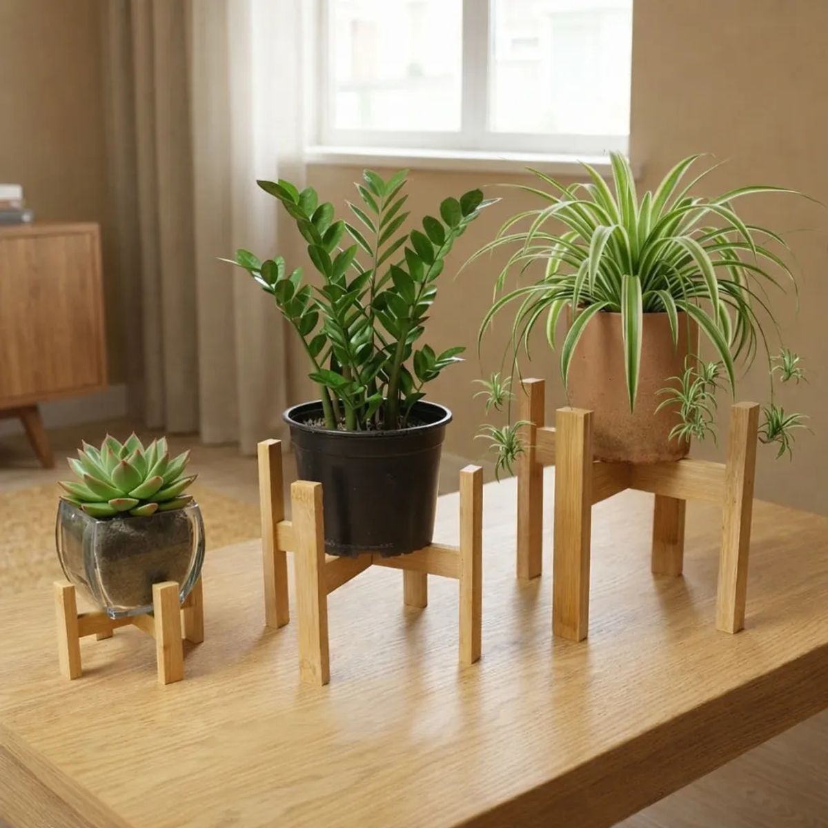 GENERICO - Set X 3 Soporte Alto De Madera Para Maceteros, Para Plantas 10cm, 20cm y 25cm de alto