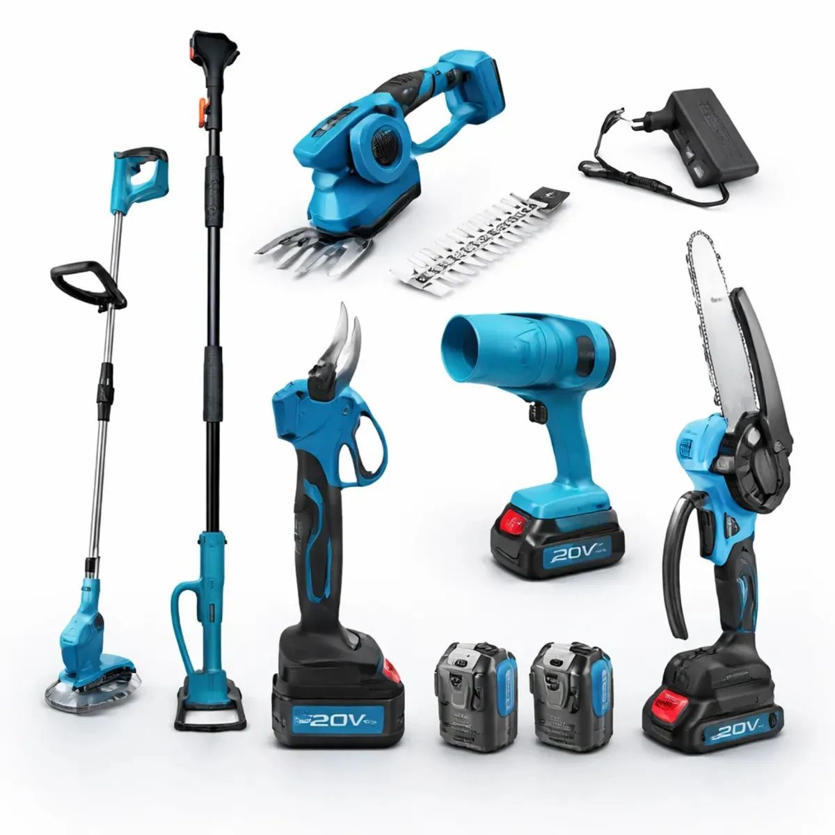 MOVI - Kit de Jardinería Eléctrico 6 en 1 con Brazo Telescópico – Orilladora, Mini Motosierra, Sopladora y Cortasetos