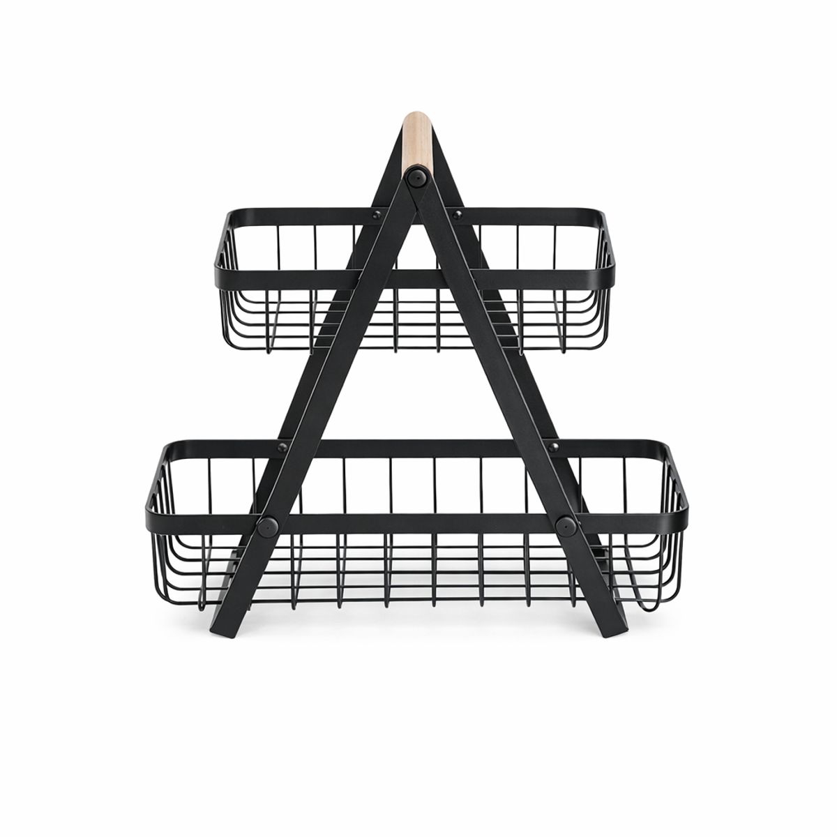 XL - Organizador Cocina 2 Niveles Metal Negro Madera Frutas Pan Despensa Canasta Rustico