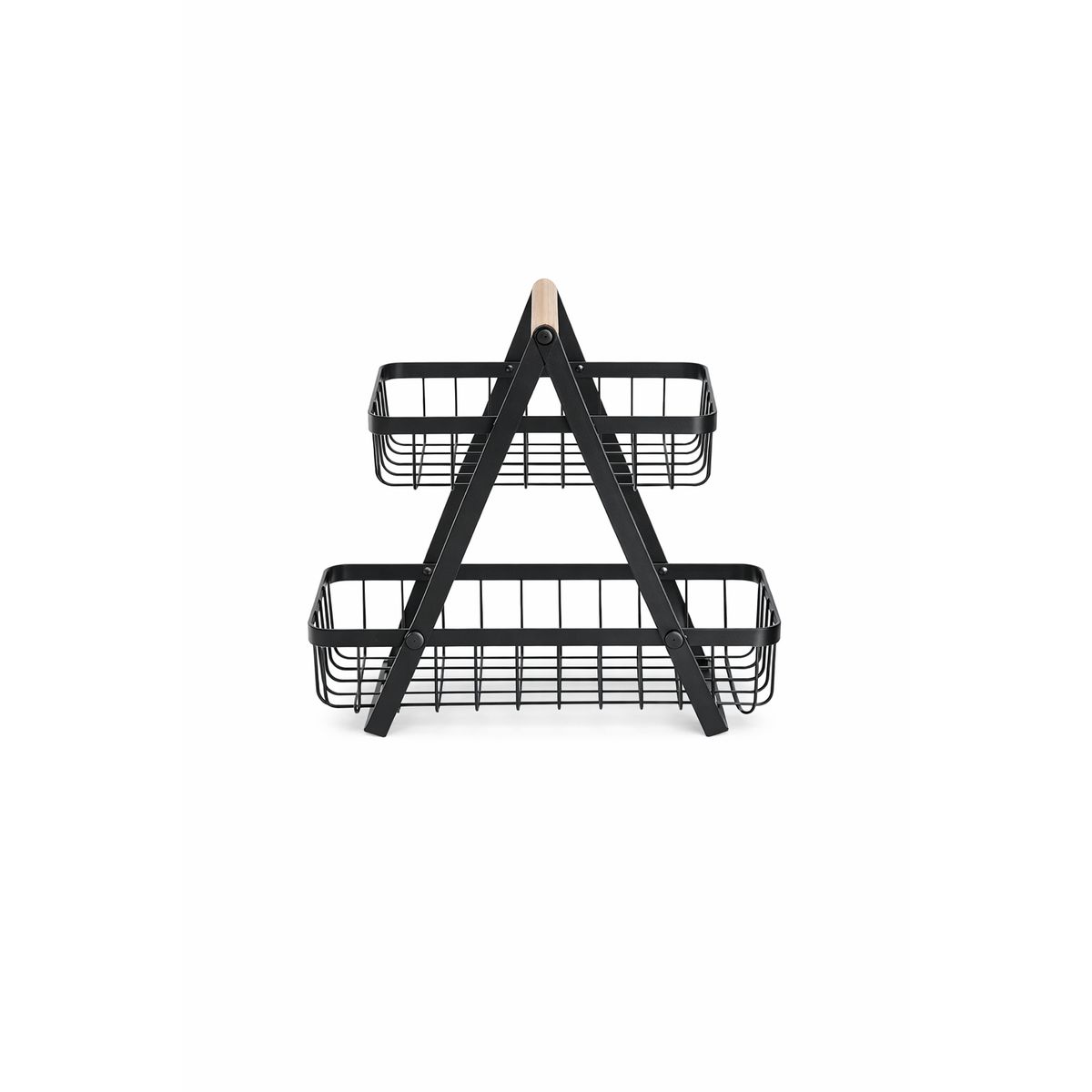 XL - Organizador Cocina 2 Niveles Metal Negro Madera Frutas Pan Despensa Canasta Rustico