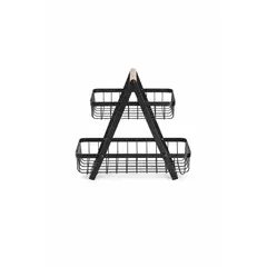 XL - Organizador Cocina 2 Niveles Metal Negro Madera Frutas Pan Despensa Canasta Rustico