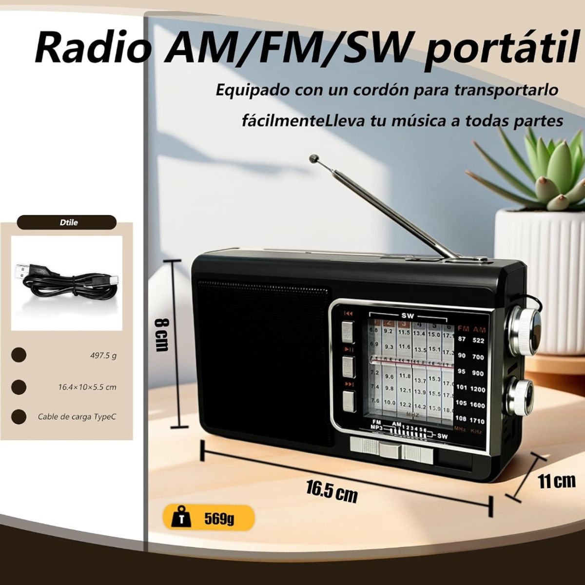 GENERICO - Radio Portatil con Panel Solar y Linterna
