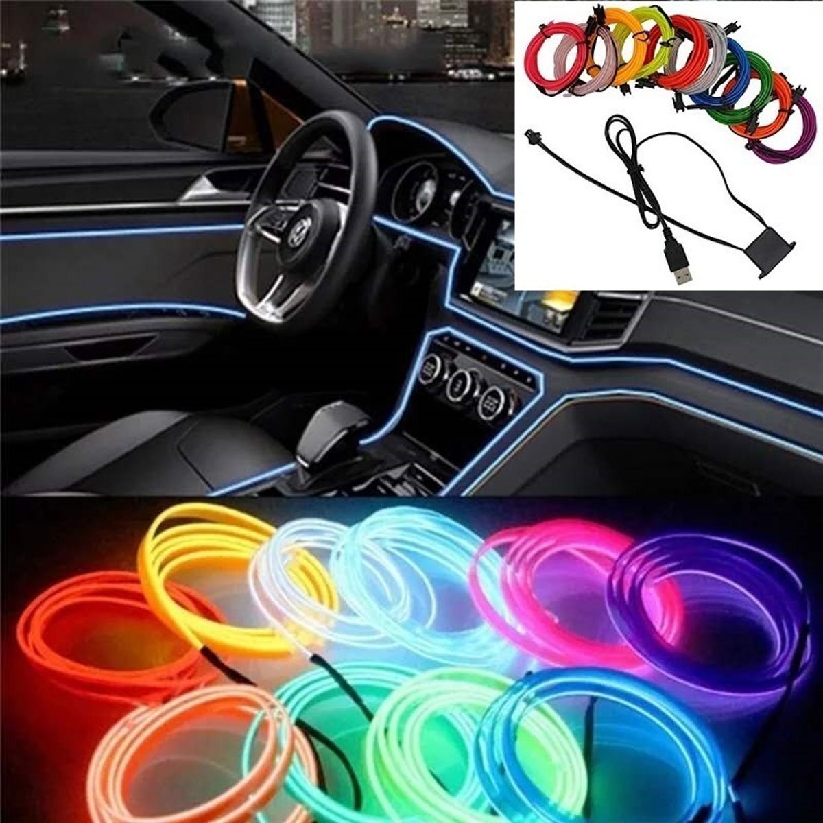 GENERICO - Hilo Tira Luz Neon Colores Led Conector Usb 12v Auto Moto 5m
