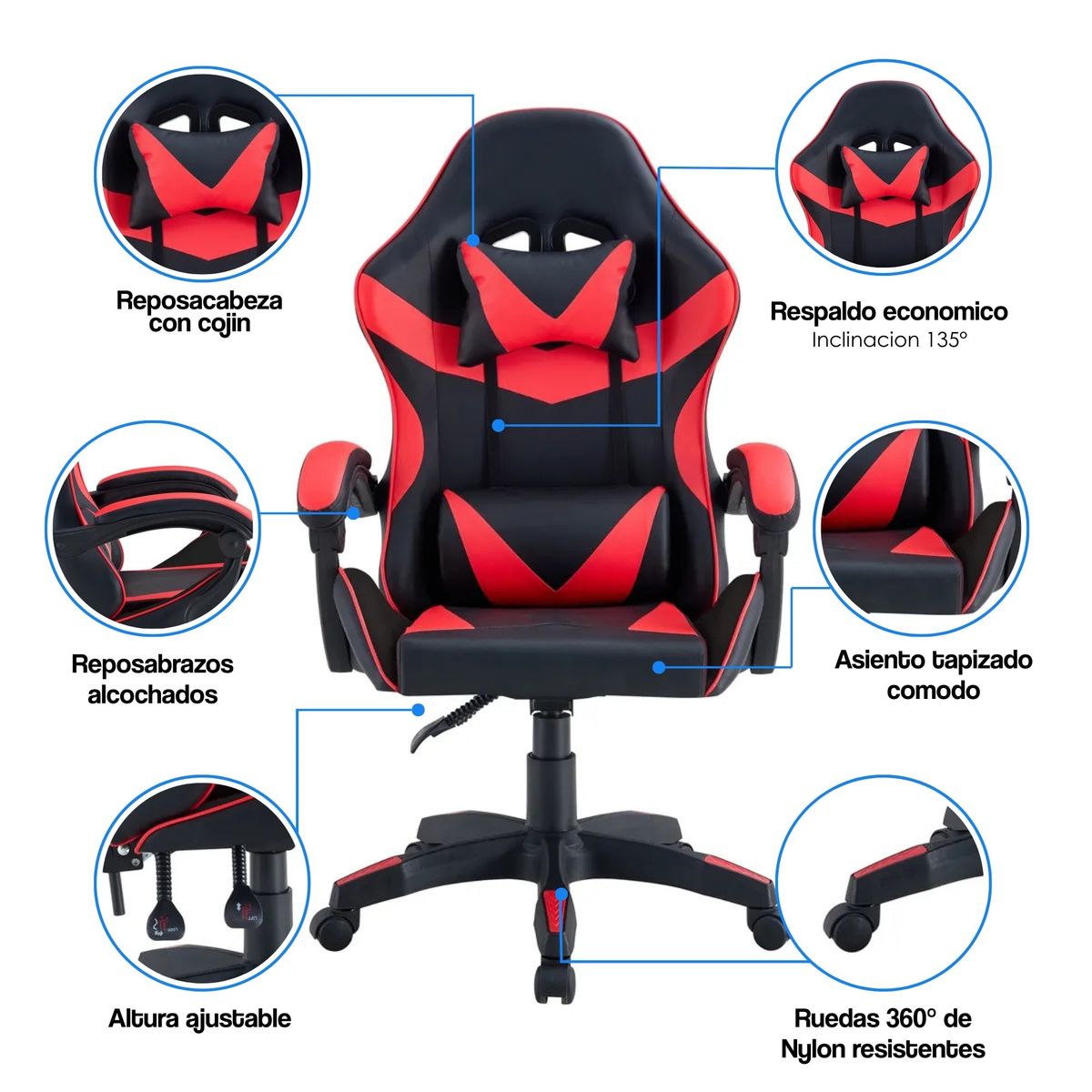 ARTHOME - Silla Gamer Tokio Ergonómica Negro y Roja Reclinable
