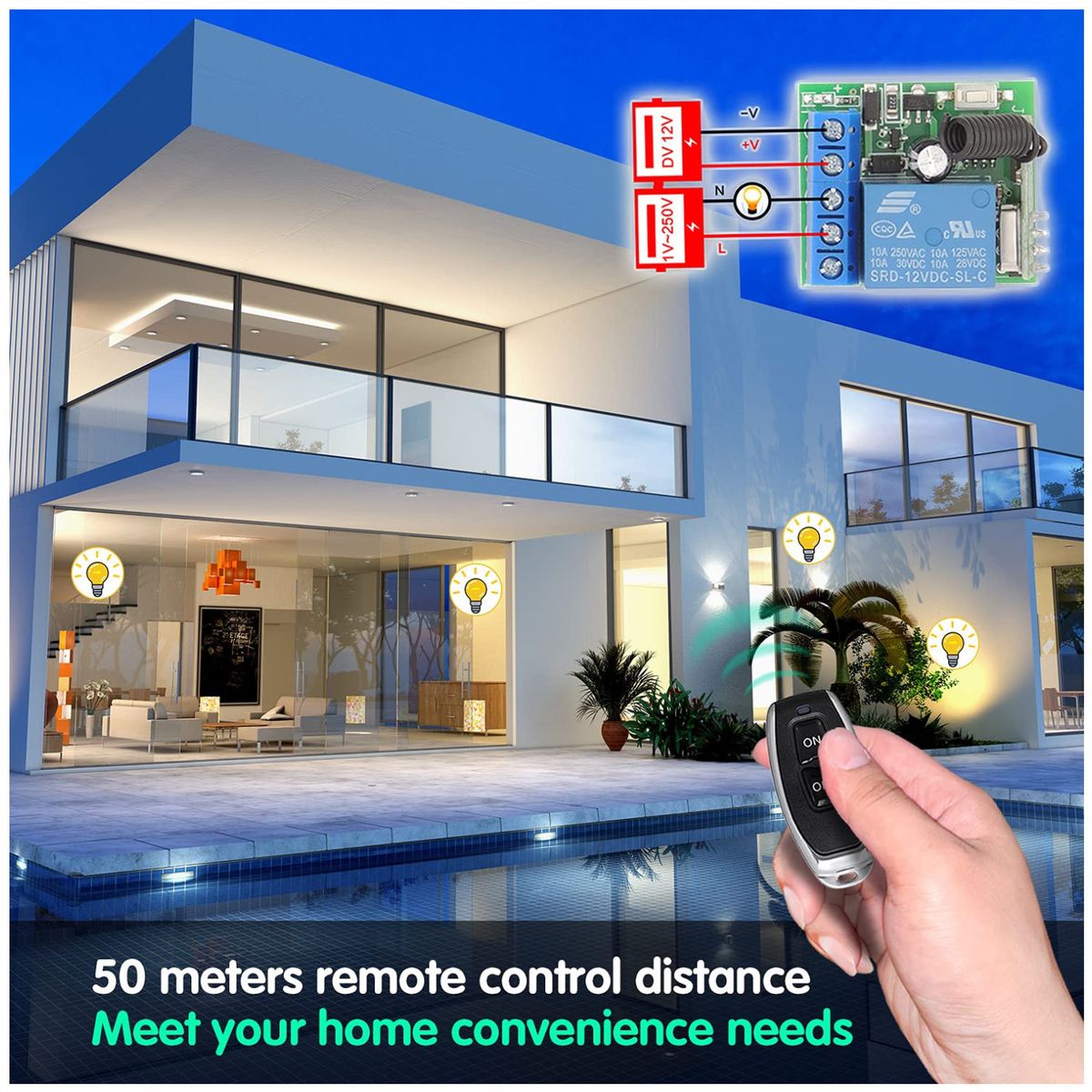 KUANGYE - Módulo Interruptor Relé 12v 10a 433mhz + 2 Control Remotos