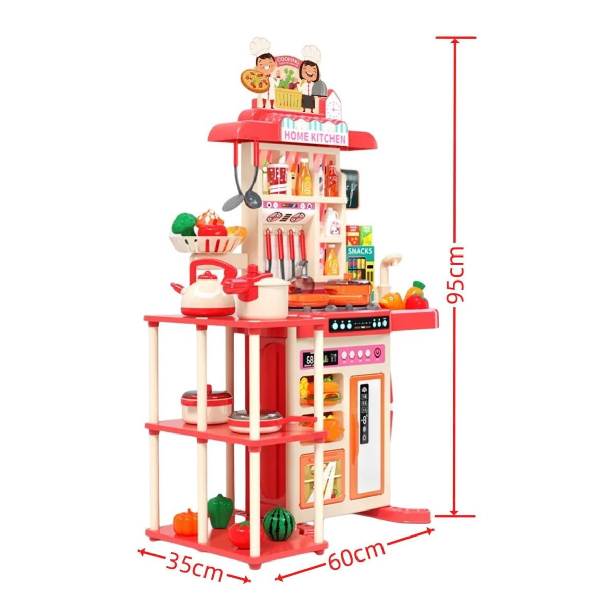 KINDA NICE - Juguete Cocina 95cm 73pcs Luces Sonido Agua Real Rociar Niña Rosa