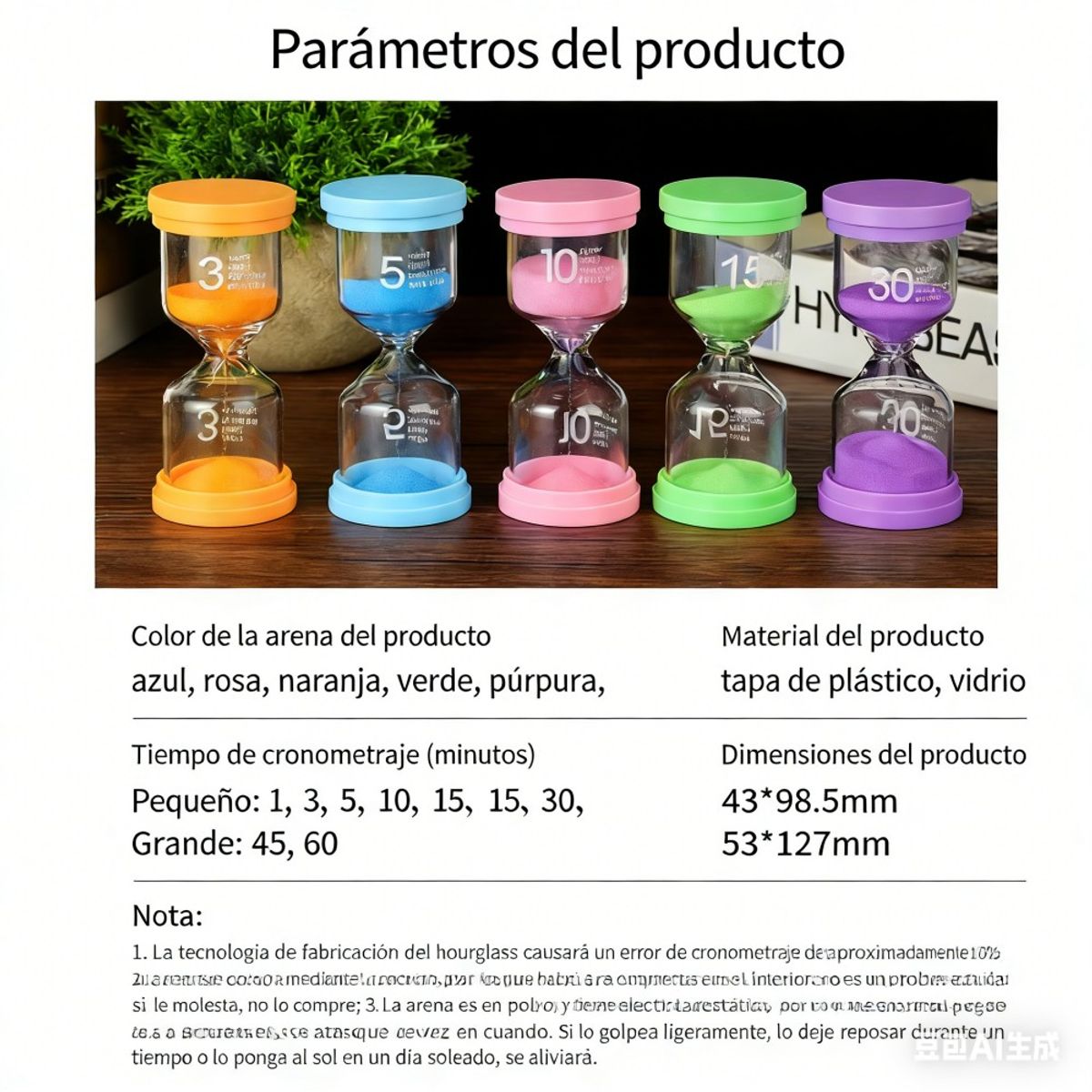 GENERICO - 6pc Relojes de Arena Juegos Tiempo 1 3 5 10 15 30 Mins Vidrio en Colores Pastel Macarons Multicolor