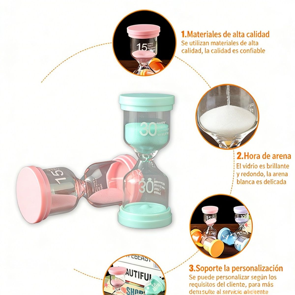 GENERICO - 6pc Relojes de Arena Juegos Tiempo 1 3 5 10 15 30 Mins Vidrio en Colores Pastel Macarons Multicolor