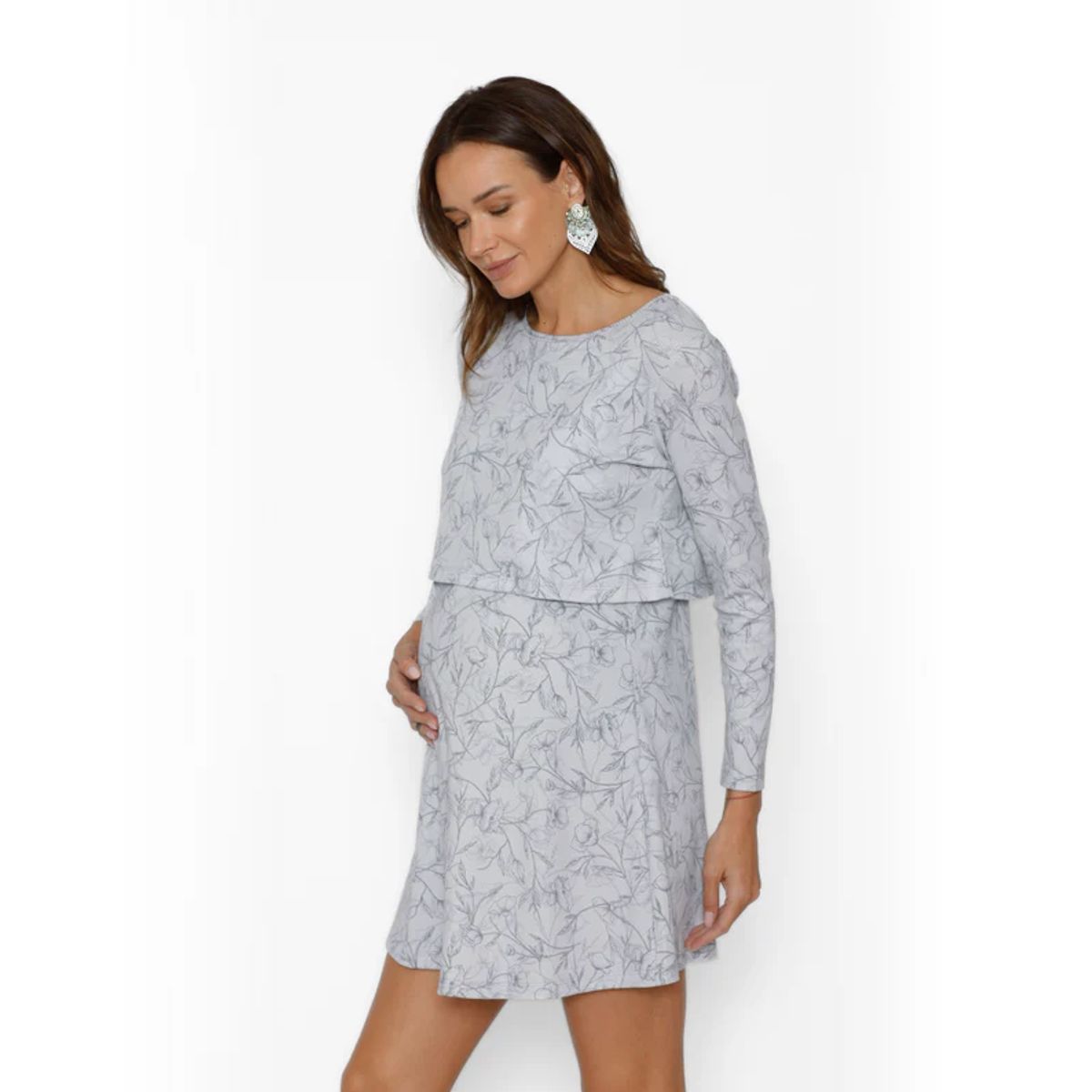 NALA - Camisa de Dormir Lactancia Vuelo Manga Larga Jardín Gris Nala Maternity