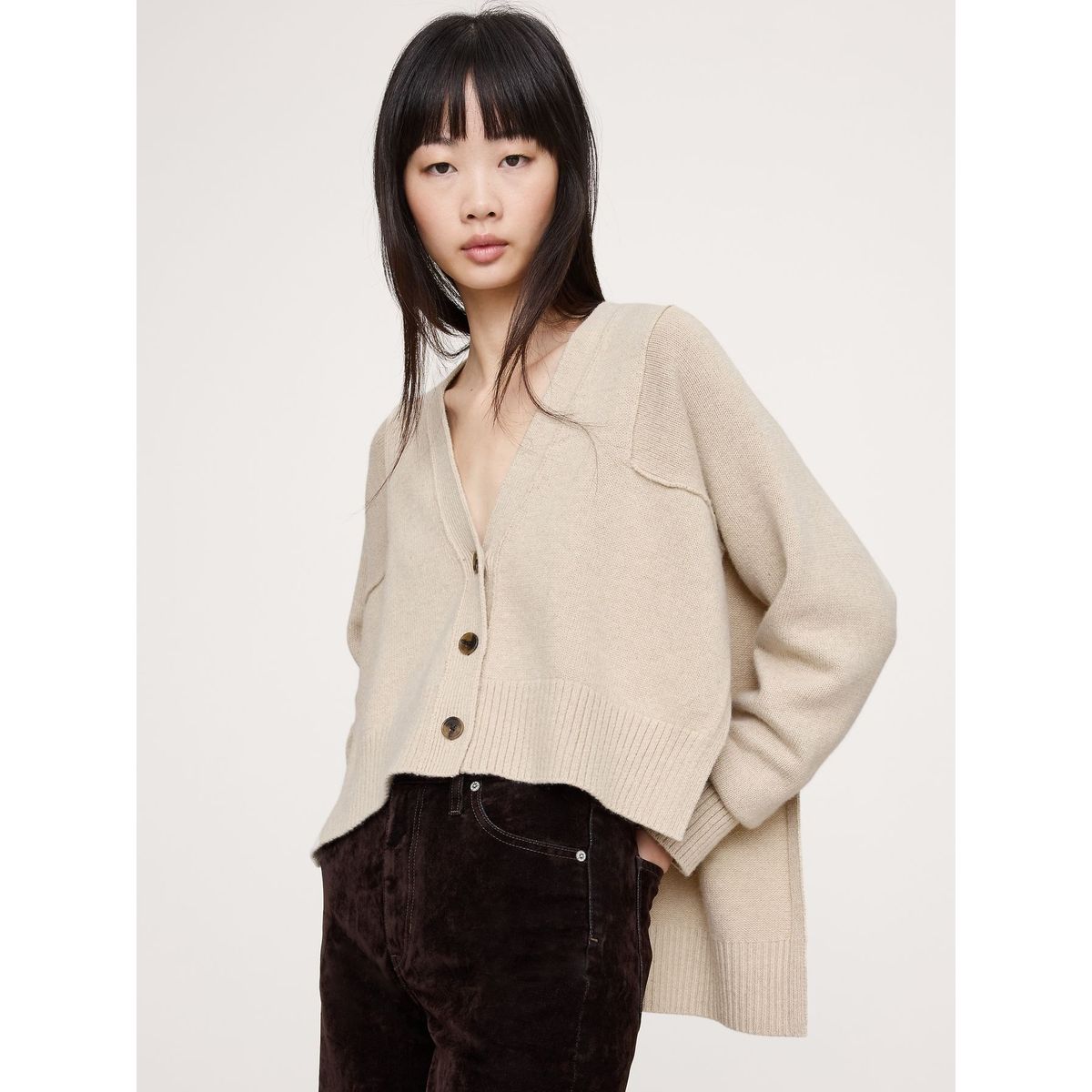 BANANA REPUBLIC - Cardigan Mujer Oversized Merino-Algodón Gris Banana Republic