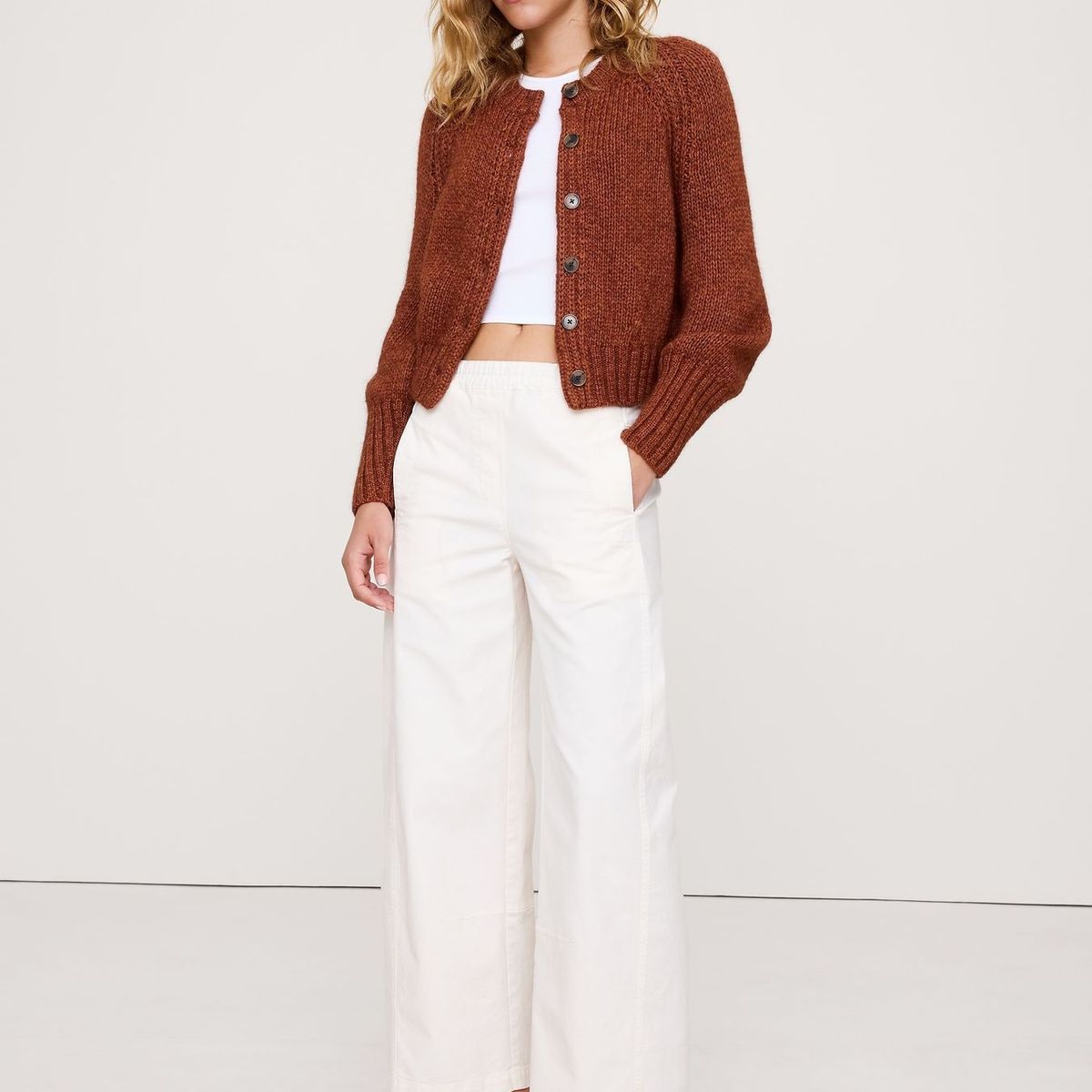 BANANA REPUBLIC - Cardigan Mujer Algodón-Alpaca-Merino Raglan Café Banana Republic