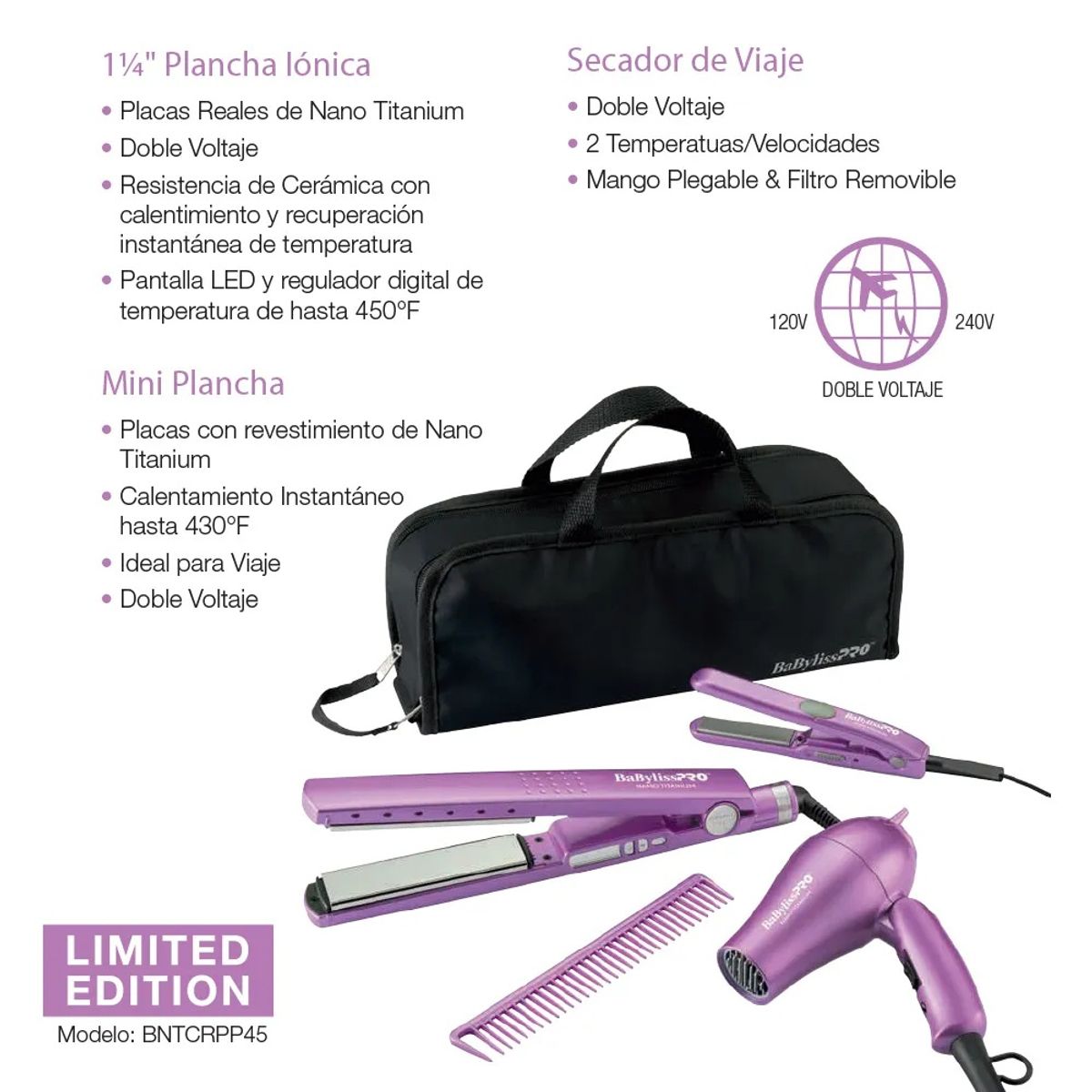 BABYLISS PRO - Kit Travel BaBylissPRO 4 unidades Plancha Ionica 32mm+Sec+Plan Mini Crocus