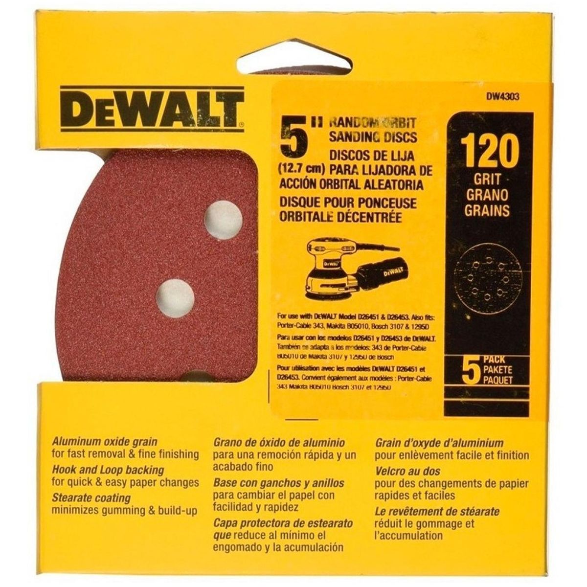 DEWALT - Set 5 Lijas Con Velcro Dewalt Dw4303 Grano 120