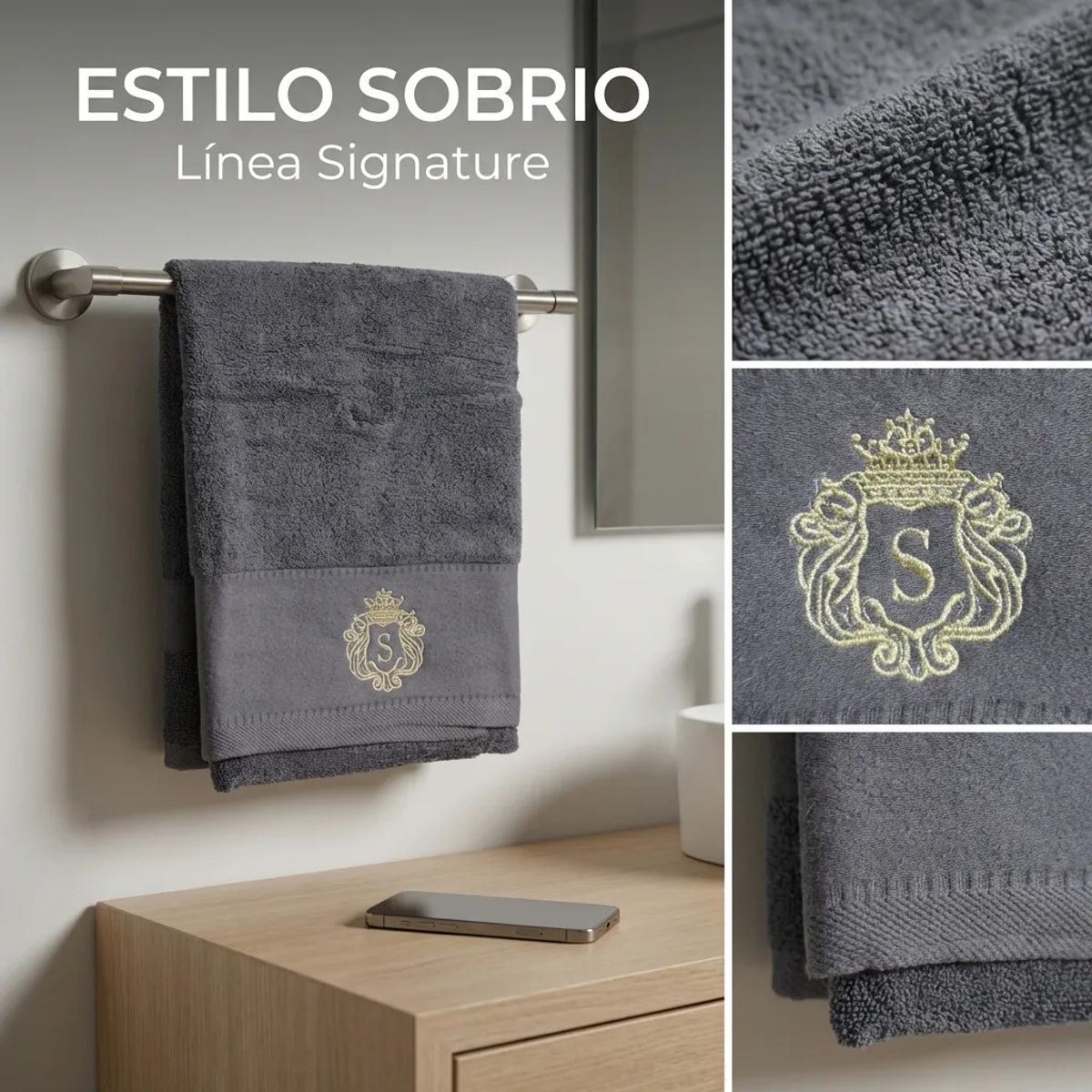 ARMONIA - Toalla Algodón Signature Gris Oscuro - Bordada - Excelente Secado