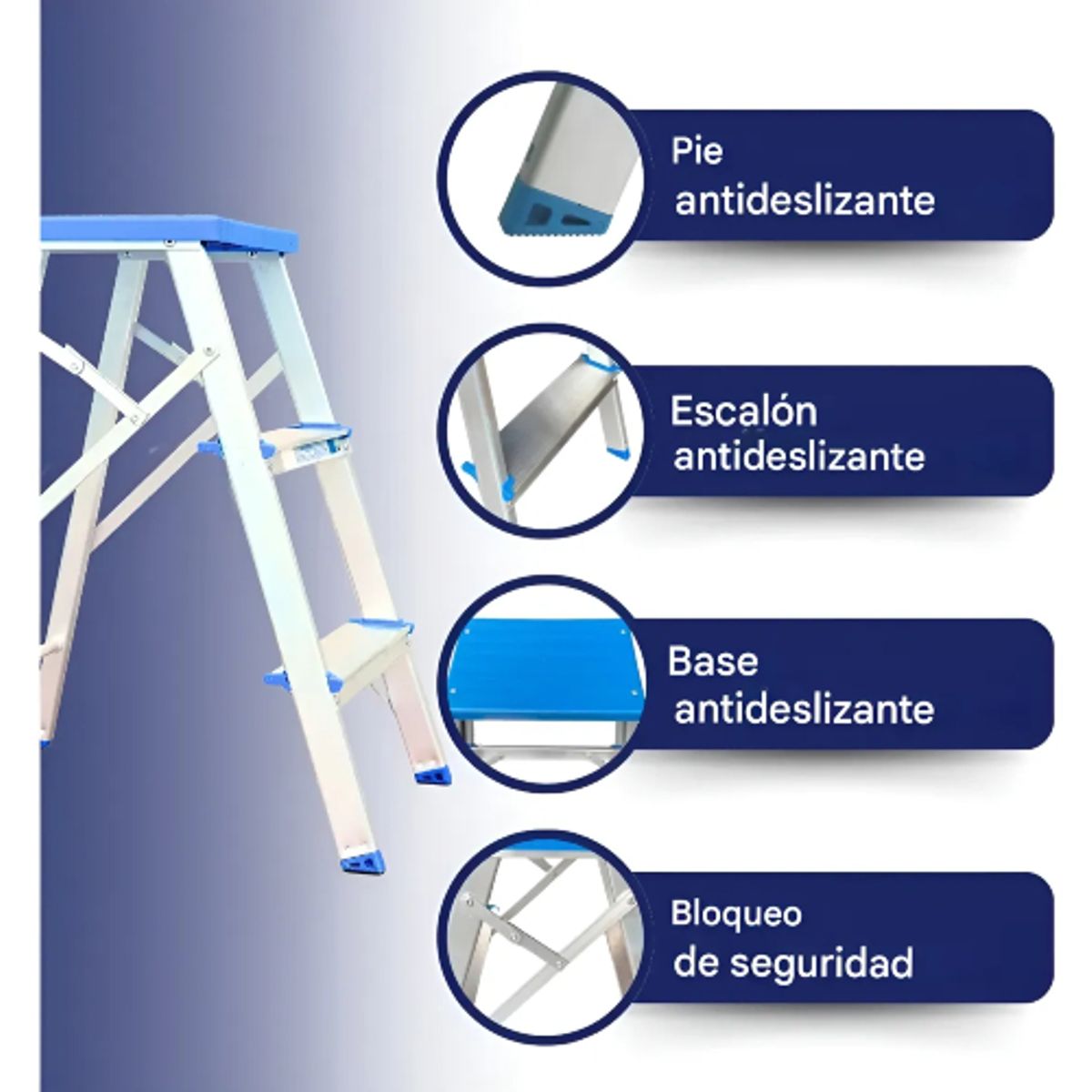 MOR - Escalera Banqueta Taburete 3 Peldaños Mor Plegable Aluminio Plateado