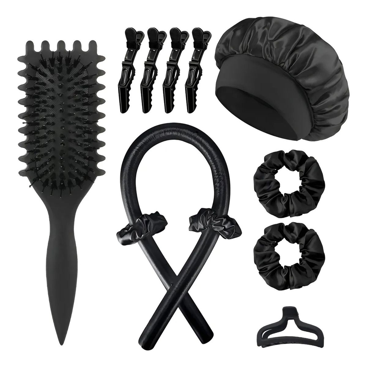 GENERICO - Kit de Rizador Sin Calor para Cabello Largo con Cepillo y Accesorios Negros