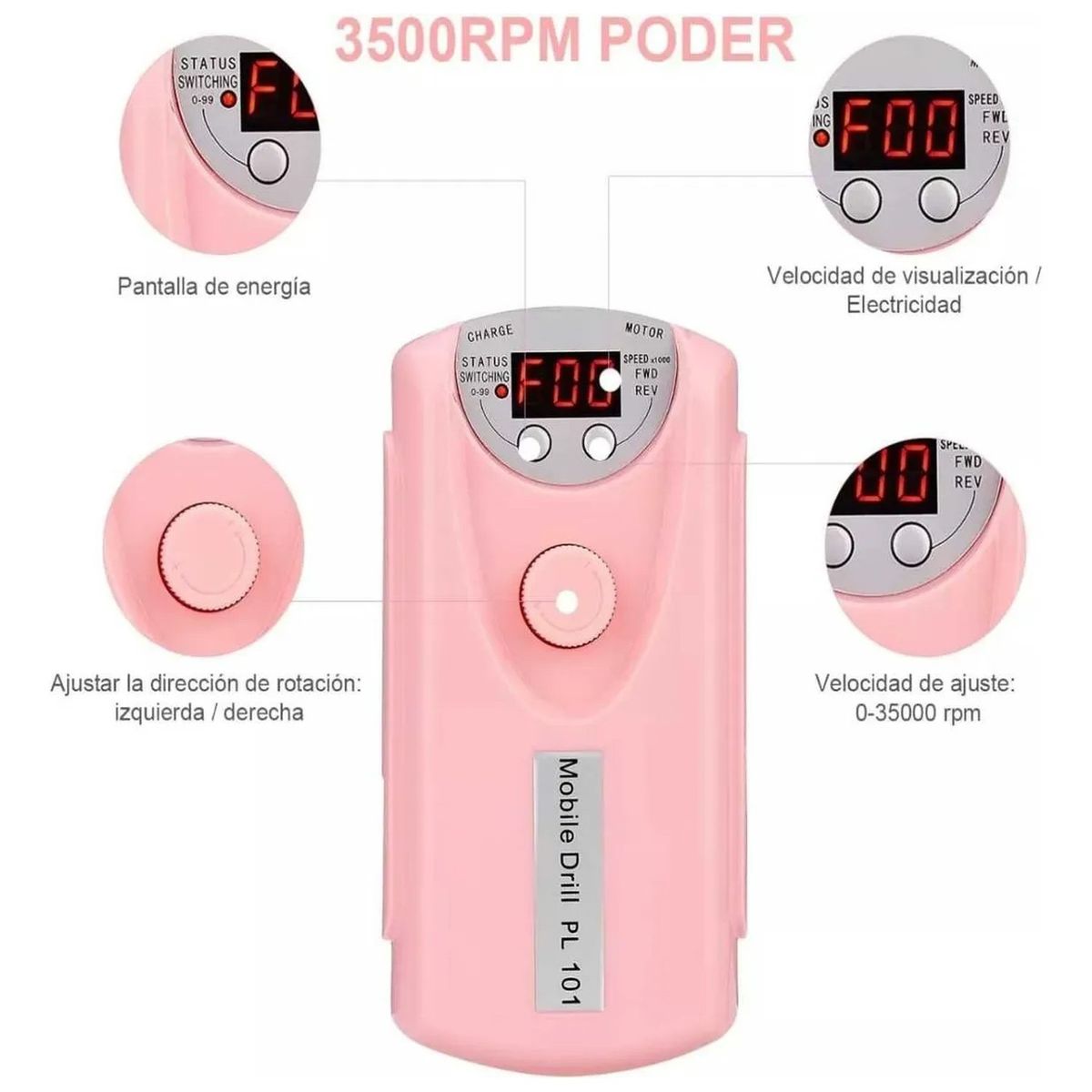 GENERICO - Pulidora de Uñas Multifuncional Portátil 35000 RPM Rosa