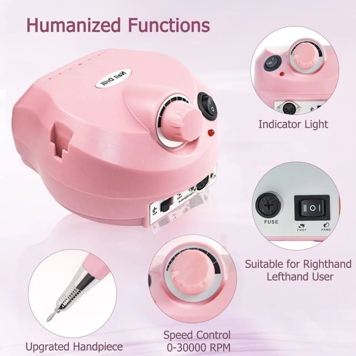 GENERICO - Lima Eléctrica Para Uñas Velocidad Ajustable 0-30000 RPM Rosa