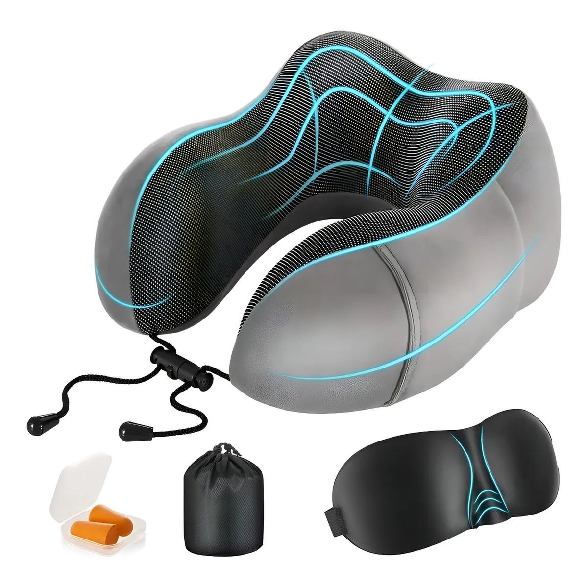 GENERICO - Almohada de Viaje Espuma Viscoelástica Ergonómica con Bloqueo Ajustable y Accesorios